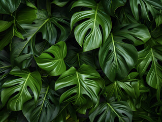 Green leaves background of monstrea plant  - obrazy, fototapety, plakaty