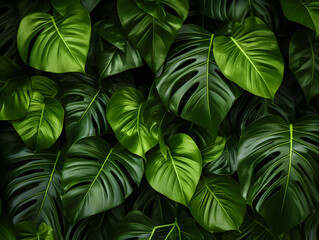 Close up background with green leaves of mostrea plant - obrazy, fototapety, plakaty
