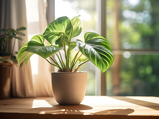 Monstera plant in a pot on a table with sunlights, blurry window background 