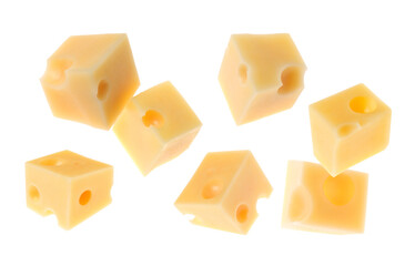 Pieces of cheese flying on white background