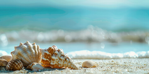 Obraz na płótnie Canvas Seashells on Sunny Sand Beach. Close-up of seashells glistening in the sun on a sandy beach seashore, sea waves.