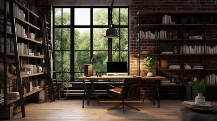 Fototapeta premium Industrial style house office with computer table, chair and book shelf. Modern working room interior at home.