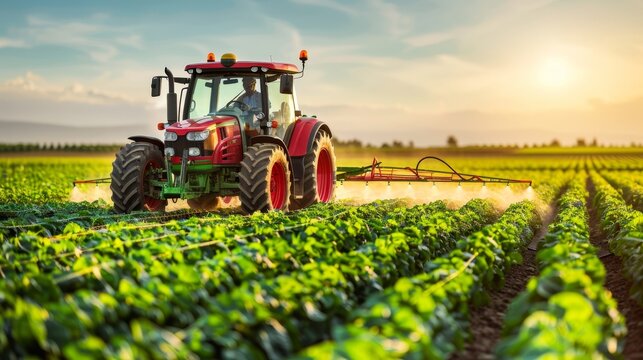 Fototapeta Agricultural tractor spraying pesticides in vast soybean field under bright sun on beautiful day