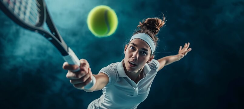 Intense female tennis player in action, focused gaze, dynamic movement, dark background, text space.