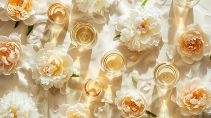 glasses of champagne and white peonies pattern on a satin ivory background for wedding