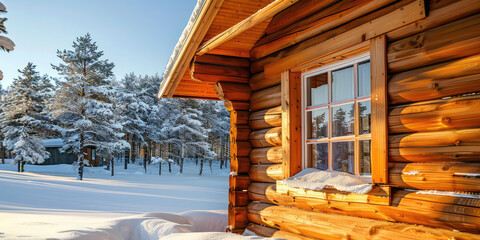 Winter Cabin in Snowy Forest. Secluded log cabin surrounded by snow-covered pine trees in a tranquil forest scene.