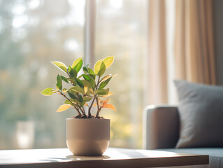 A small green plant on a table, blurry living room background with a window and sunlight 