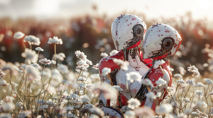 Two white-red robots in a spring field of flowers