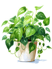 Watercolor illustration of a philodendron plant in a pot on white background 