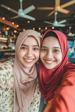 Two beautiful women taking photos together in a cafe