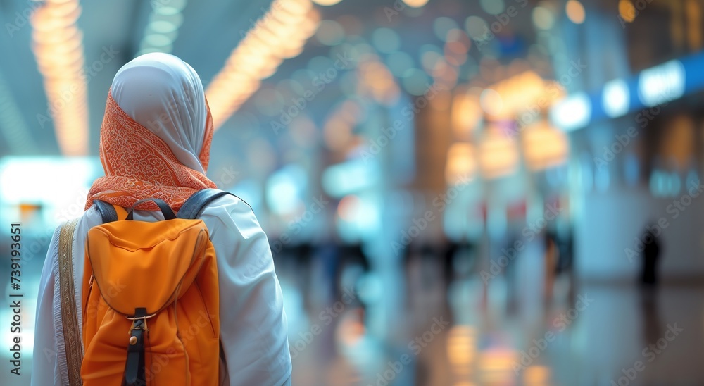 Wall mural Muslim woman with traditional hijab and backpack walking on airport or train station hall. Female traveler at gate terminal. Hajj and Umrah vacation and travel background concept