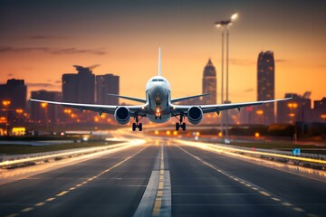 Airplane taking off from city airport runway with speed motion blur effect. Concept Airplane, Takeoff, City, Airport, Motion Blur