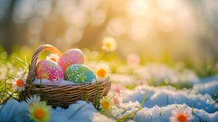 Basket full of Easter eggs and spring flowers on a meadow with the rests of the melting snow and grass growing and sun shining.