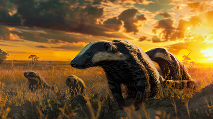 Honey badgers in the savanna in the evening with setting sun shining. Group of wild animals in nature. - obrazy, fototapety, plakaty