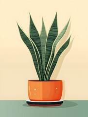 Illustration of a green snake plant in a pot on colorful background 