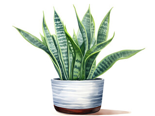 Watercolor illustration of a green snake plant in a pot on white background 
