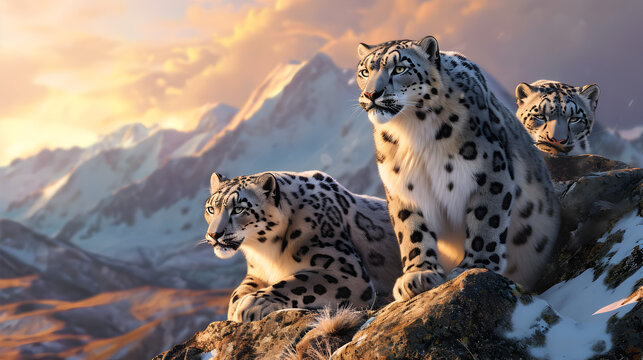 Snow leopard family in the mountain region with setting sun shining. Group of wild animals in nature. © linda_vostrovska