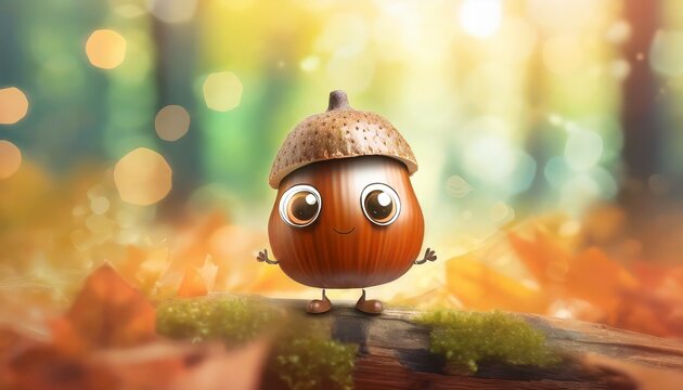 Cute acron character on a blurred forest background