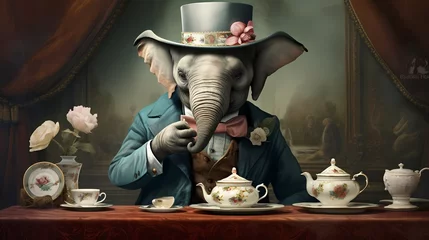 Fotobehang **A posh elephant wearing a top hat and monocle, enjoying an afternoon tea © Shani