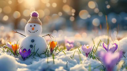 Snowman on a meadow with grass and spring flowers growing through the melting snow. Concept of spring coming and winter leaving. - 739194431