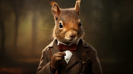 A dapper squirrel sporting a tweed jacket and bowtie while holding a tiny cane