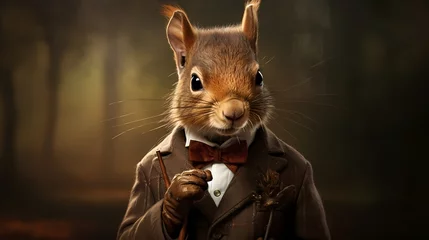 Gordijnen A dapper squirrel sporting a tweed jacket and bowtie while holding a tiny cane © Shani