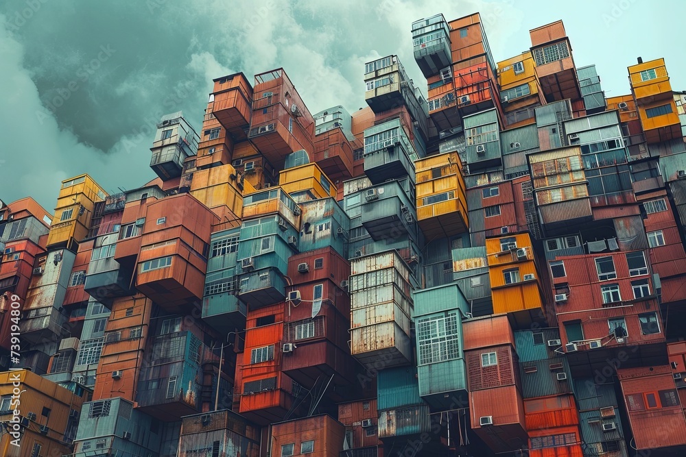 Poster very tall building in an urban setting, showcasing a multitude of windows and balconies. the archite