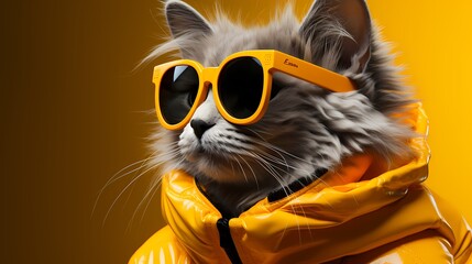 A fashionable cat flaunts its unique style in a vibrant outfit and trendy glasses against a solid bright yellow background. 