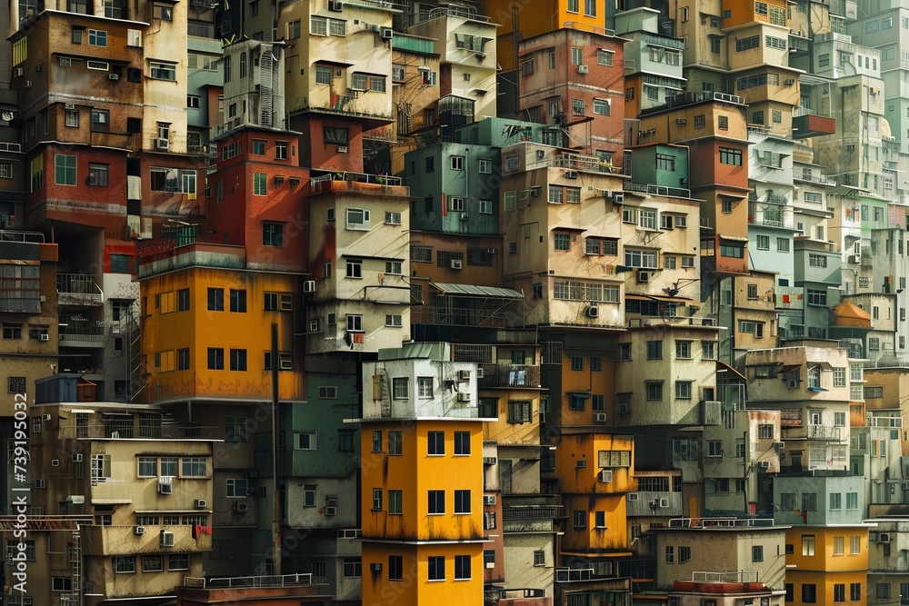 Poster an image showing multiple tall buildings closely stacked together in a bustling urban environment, c