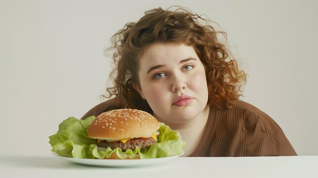 Young woman contemplating a burger on a plate. casual and contemplative mood. lifestyle and food choices theme. stock image. AI