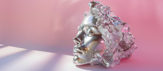 Silver head sculpture on pink background, minimal concept