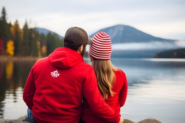 Young Positive and cheerful canadian couple in stylish attire, deep in thought against a vibrant blue backdrop.