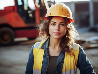 A skilled female engineer confidently stands on a construction site, wearing a hard hat for safety. A competent female engineer at a construction site. Generative AI.