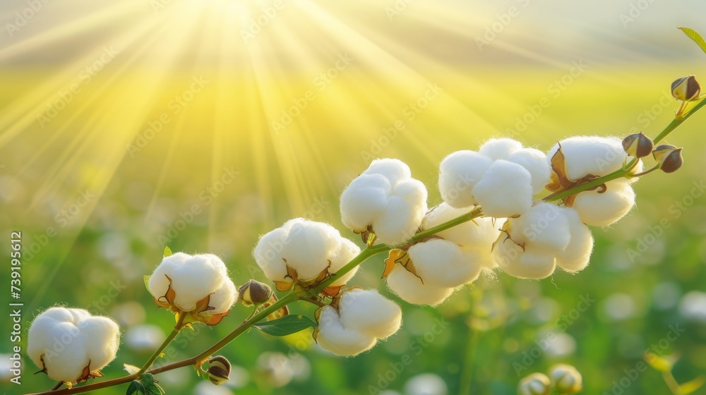 Poster macro shot of cotton balls on a branch under sunlight in a summer field with ample space for text