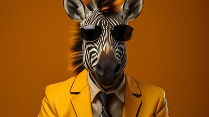 Tuinposter A fashionable zebra showcases its individuality in a vibrant outfit and stylish glasses against a solid yellow background. © Shani