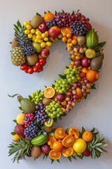 Vibrant number 2 crafted from colorful fruits and vegetables on clean white background