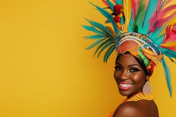 African woman portrait in a bright carnival costume  on yellow bacground