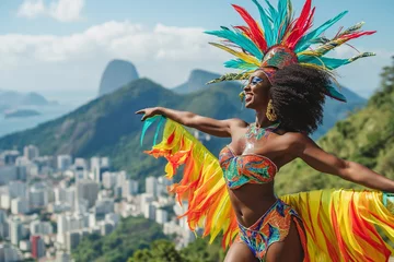 Abwaschbare Fototapete African woman in a bright carnival costume dancing on a Rio Janeiro city © mirifadapt