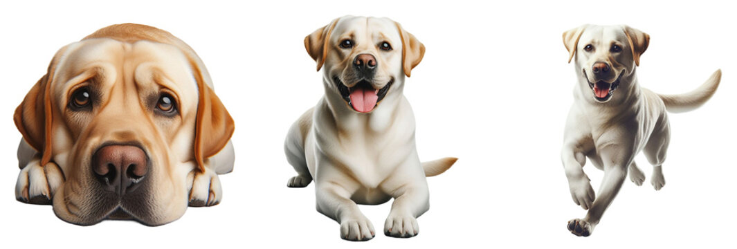 Set of Labrador Retrievers: Sad, Happy, Running, or Jumping Isolated on Transparent or White Background