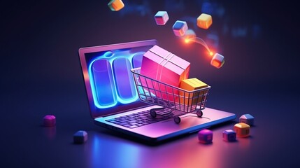 Shopping cart on a laptop keyboard for online shopping. Digital business concept background.