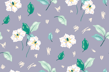 Seamless floral pattern, abstract ditsy print in delicate soft colors. Cute botanical design: hand drawn white flowers, leaves scattered on a blue background. Cute flower print, vector illustration