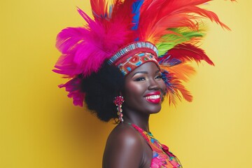 African woman in a bright carnival costume on bright background