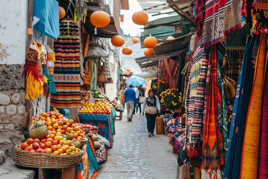 A photo showing a narrow street lined with an assortment of fresh fruits and vegetables on display for sale. Generative AI