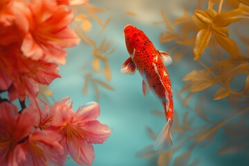 Koi fish swimming, Colorful decorative fish float in an artificial pond with beautiful flowers