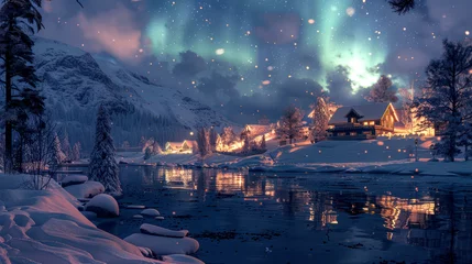 Poster Nordlichter aurora borealis, northern winter-landscape