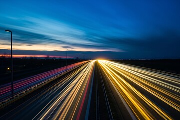 Obraz premium white and red traces of light from moving cars on highway at night, fast moving