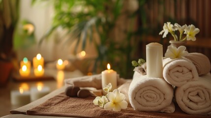 Fototapeta na wymiar ?andles, stones and towel in a spa, Burning candles, stones and towel on massage table