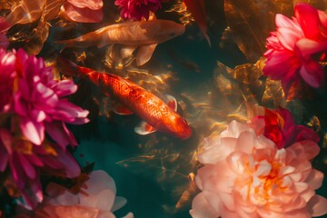 Koi fish swimming, Colorful decorative fish float in an artificial pond with beautiful flowers