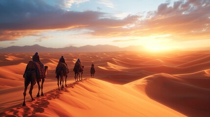 Camels walking through the desert, a caravan.