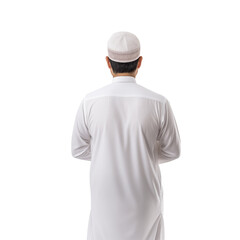 muslim man with traditional white cloth and cap on islam praying position. Rear view of young Asian doing Shalat. isolated white background for Hajj, Umrah, or Ramadan